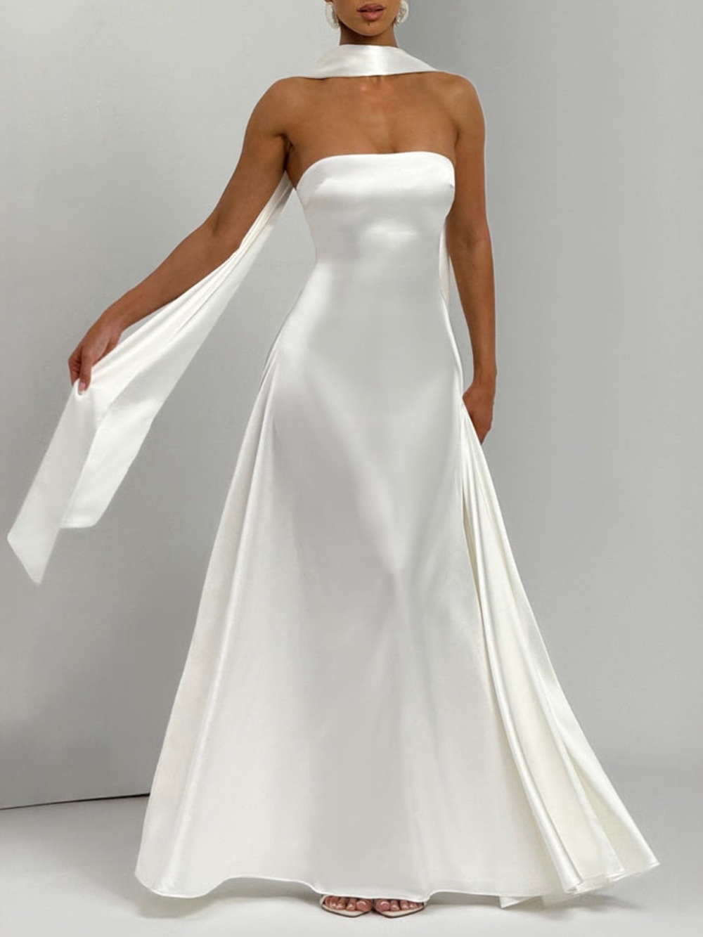 Strapless White Satin Maxi Dress